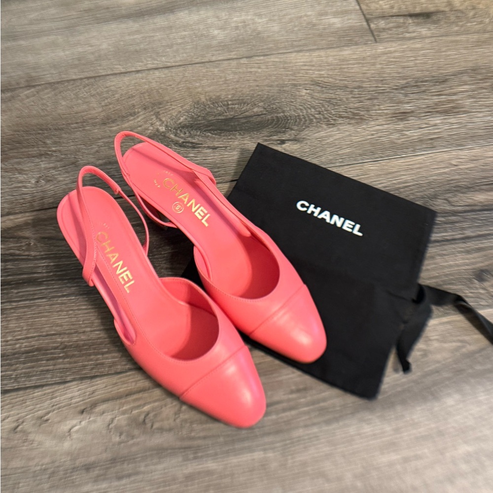 CHANEL Pink Leather Classic Slingback Heels - Size 37.5 C - Picture 10 of 10